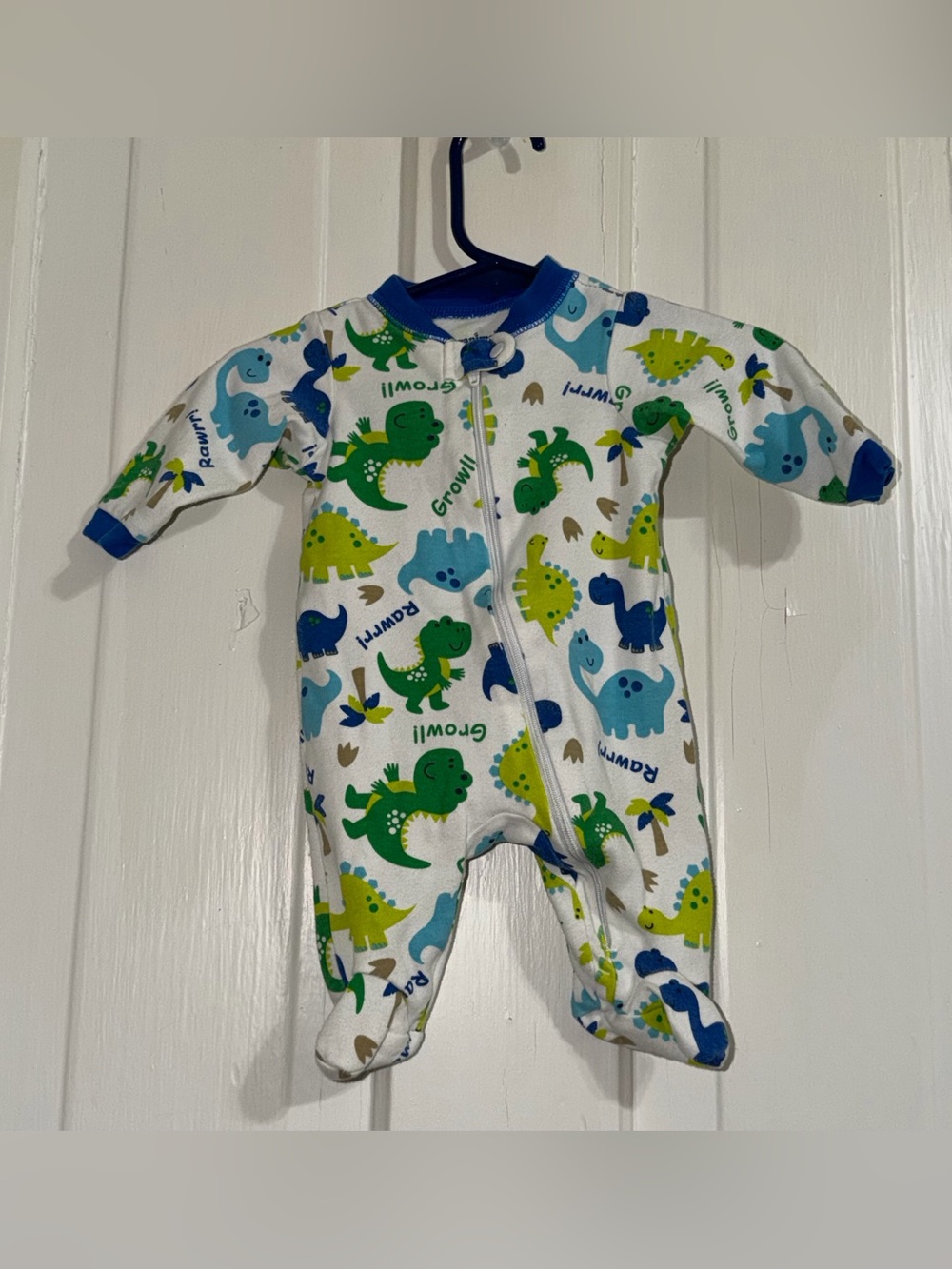 Boys Baby infant newborn One-Piece Footed Pajamas with Blue & Green Dinosaurs